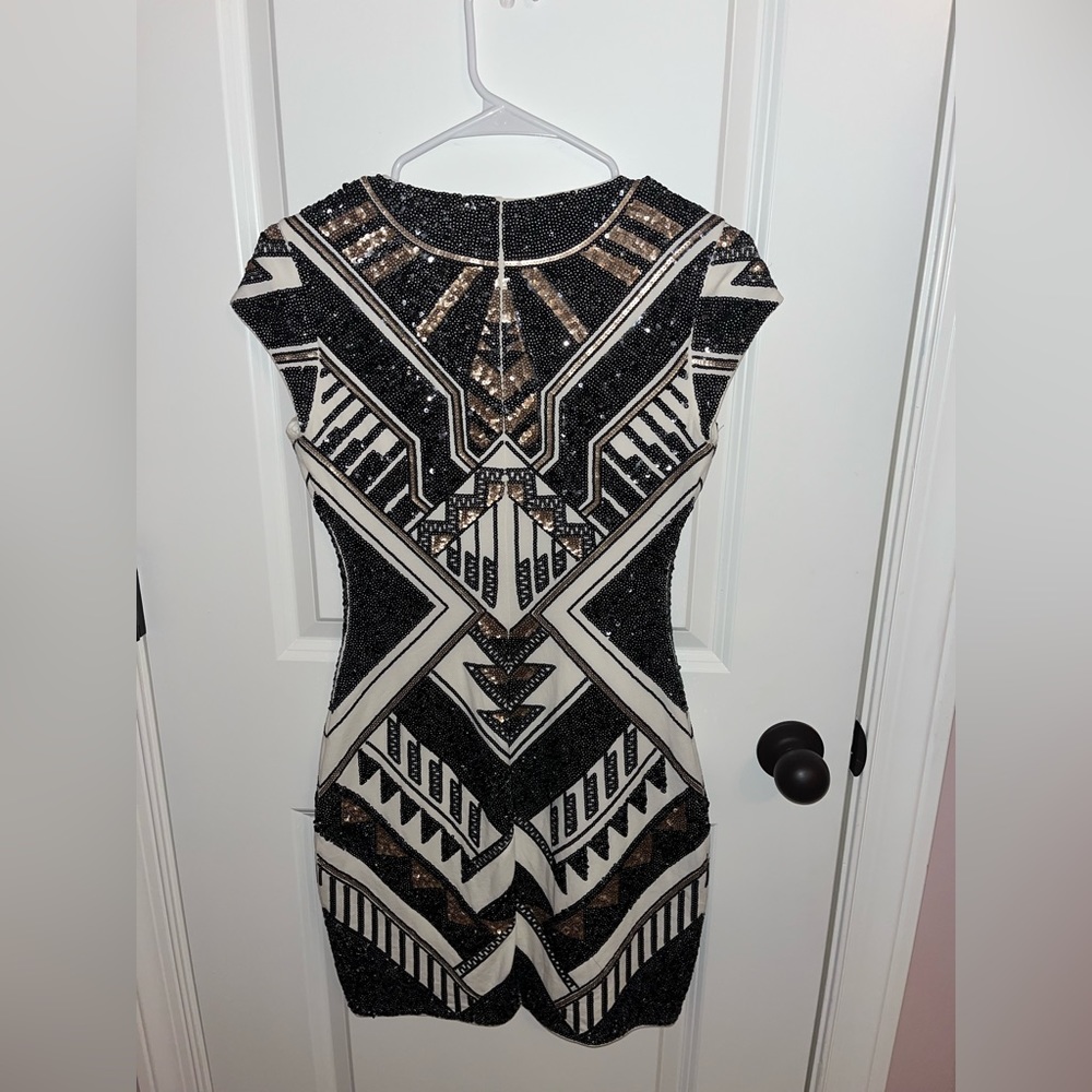 Express Black and White Beaded Geometric Prom Dress